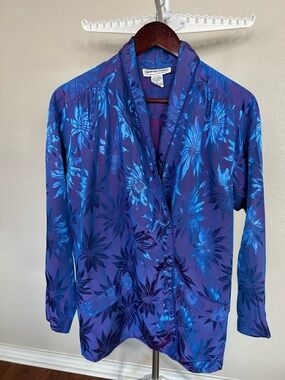 Lauren Alexandra Satin Floral Pajama Set Purple Blue Button Down Small
